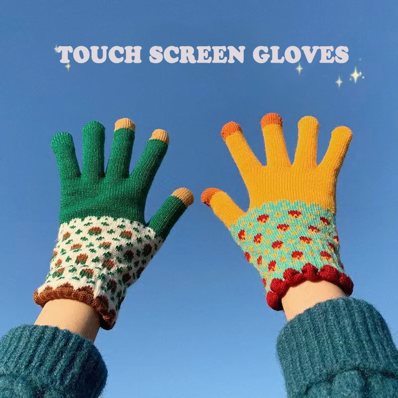 Floral Knit Touchscreen Gloves – Vintage Style Winter Gloves for Women with Windproof Warmth