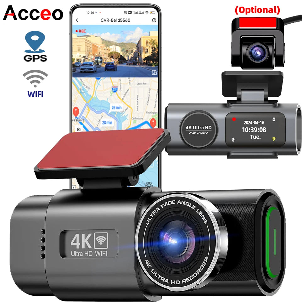 4K Dual Dash Cam with Night Vision – Front & Rear Recording, WiFi, GPS, 24H Parking Mode