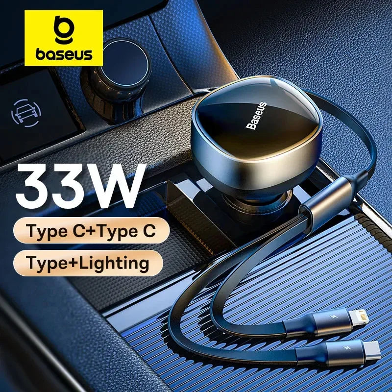 30W Retractable Car Charger – Dual USB-C & Lightning Fast Charging Adapter