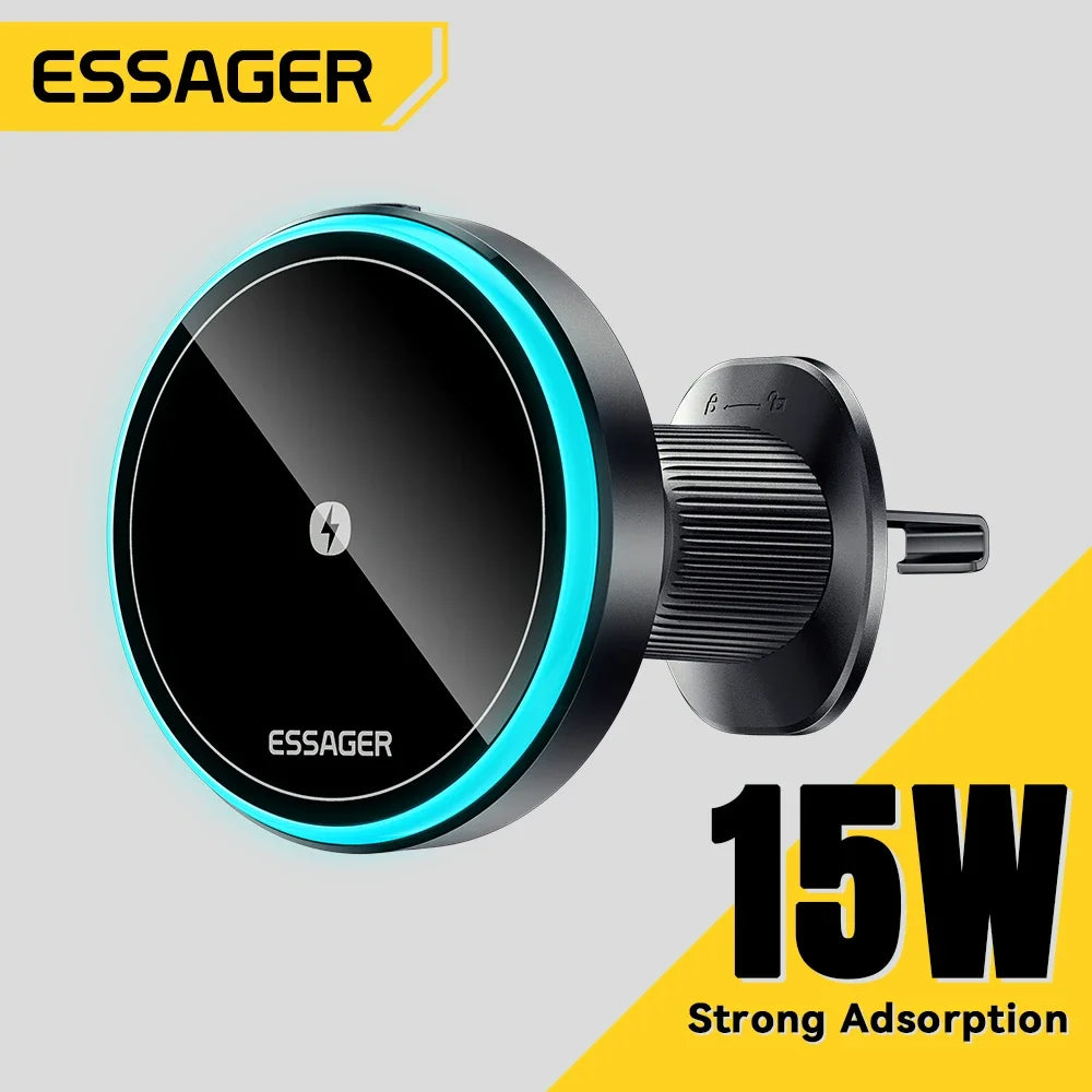Essager RGB Magnetic Car Phone Holder – 15W Qi Wireless Charger & Magsafe Mount for iPhone & Samsung