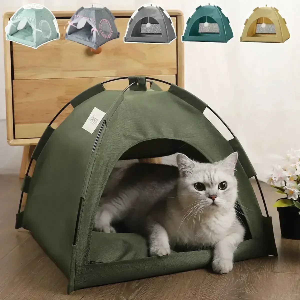 Semi-Enclosed Cat Tent Bed - Breathable Oxford Fabric Pet Sofa with Removable Cushion