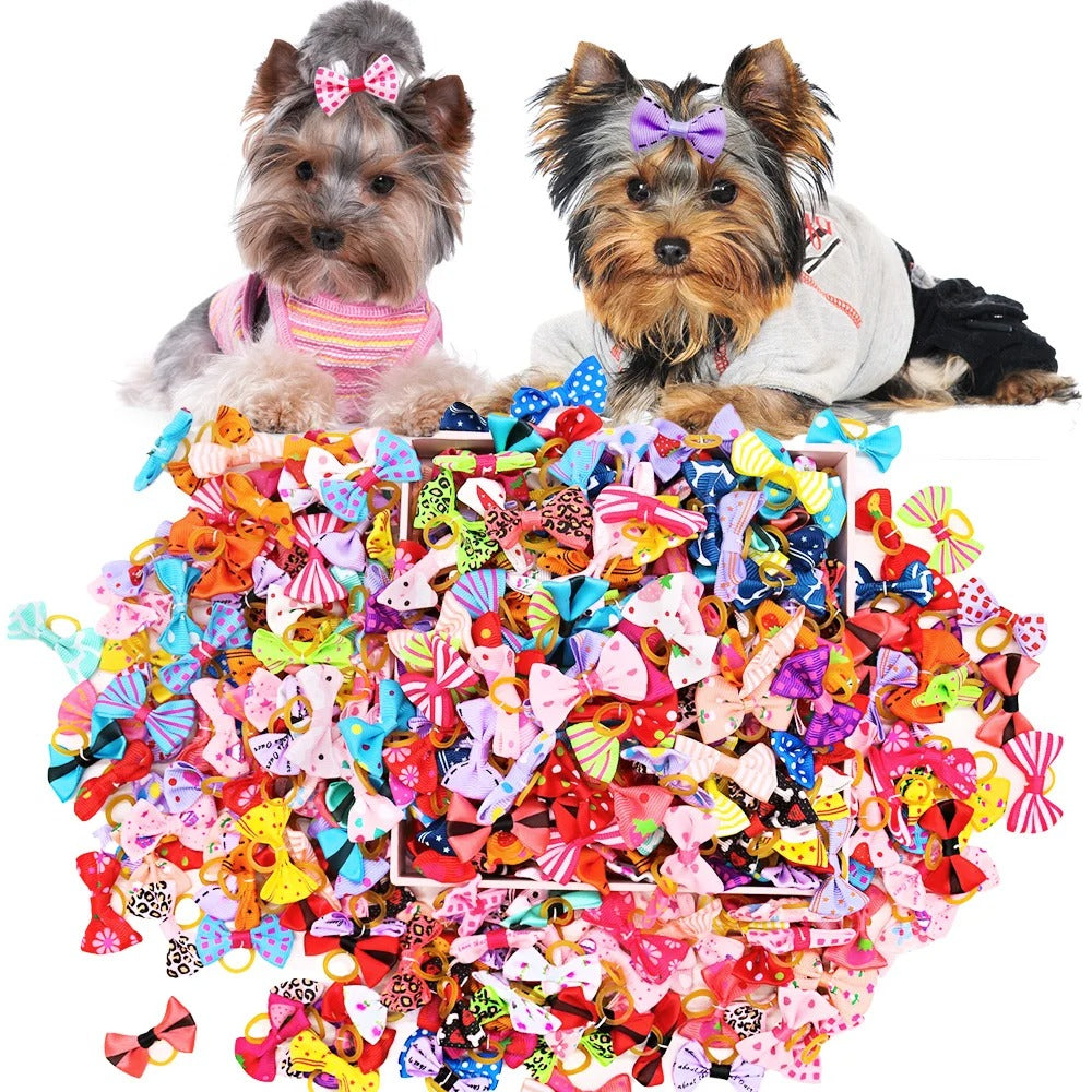 200PCS Dog and Cat Hair Bows - Handmade Puppy Accessories with Rubber Band