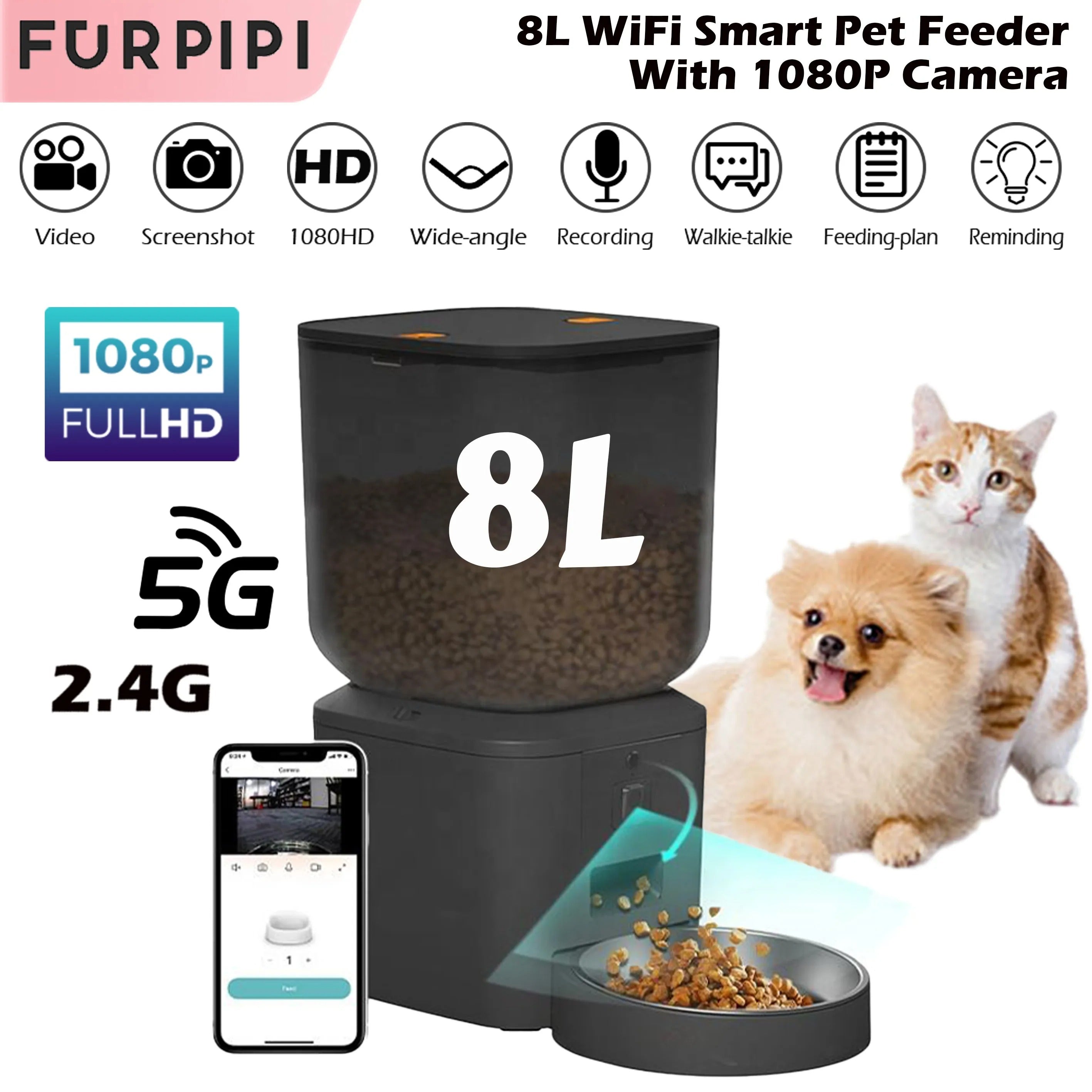 8L Smart Automatic Cat Feeder – 1080p Camera, 5G WiFi, Voice Recorder & App Control