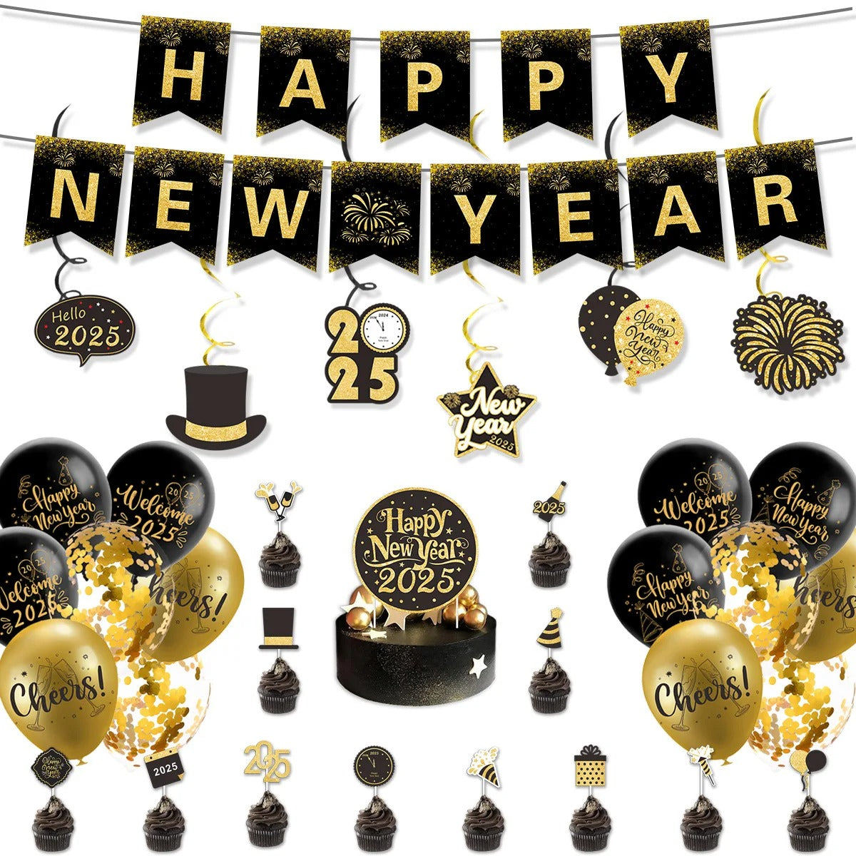 Black 2025 New Year Party Decor Set – Banner, Balloons, Cake Topper & Photo Props