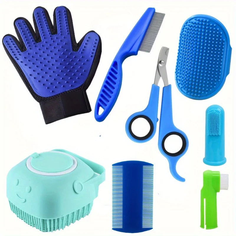 8PCS Pet Grooming Kit – Hair Removal Comb, Flea Comb, Shampoo Brush & Nail Clippers