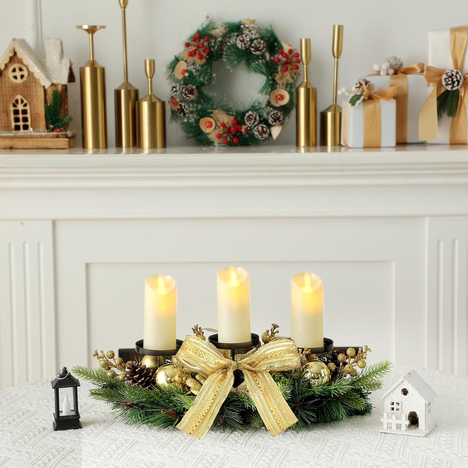 Meekoo Christmas Triple Candelabrum Centerpiece with 3 LED Candle Christmas Centerpiece Candle Holder Xmas Tabletop Decor with Bow Pine Cones Berries for Tables Mantel Decorations
