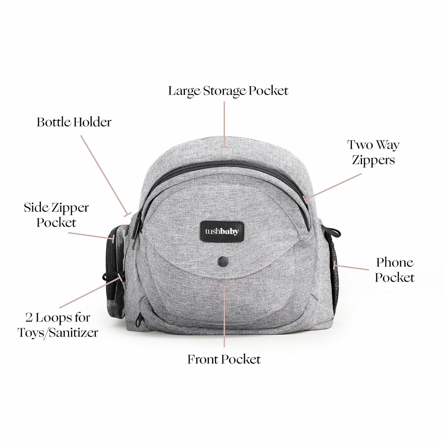 Tushbaby the Only Safety Certified Hip Seat Baby Carrier - as Seen on Shark Tank-Adjustable, Machine Washable, Ergonomic Newborn + Toddler + Child Carrier, Safe Ultra-Comfortable Waist Carrier Grey