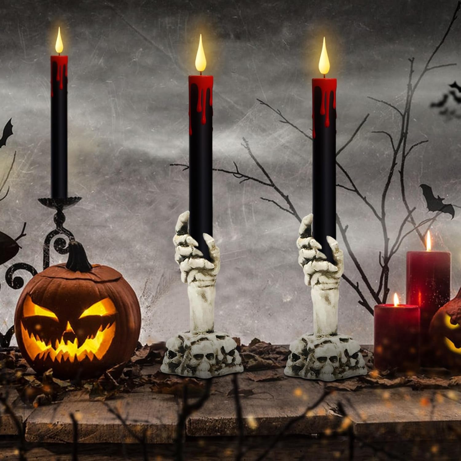 Genswin Halloween Black Taper Flameless Candles with Ghost Hand Candlesticks and Remote Timer, 2 Pcs Battery Operated Taper Candles with Holder and 3D Flame for Halloween Decor