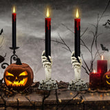 Genswin Halloween Black Taper Flameless Candles with Ghost Hand Candlesticks and Remote Timer, 2 Pcs Battery Operated Taper Candles with Holder and 3D Flame for Halloween Decor