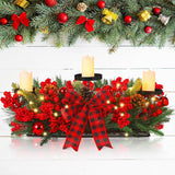 Meekoo Christmas Triple Candelabrum Centerpiece with 3 LED Candle Christmas Centerpiece Candle Holder Xmas Tabletop Decor with Bow Pine Cones Berries for Tables Mantel Decorations