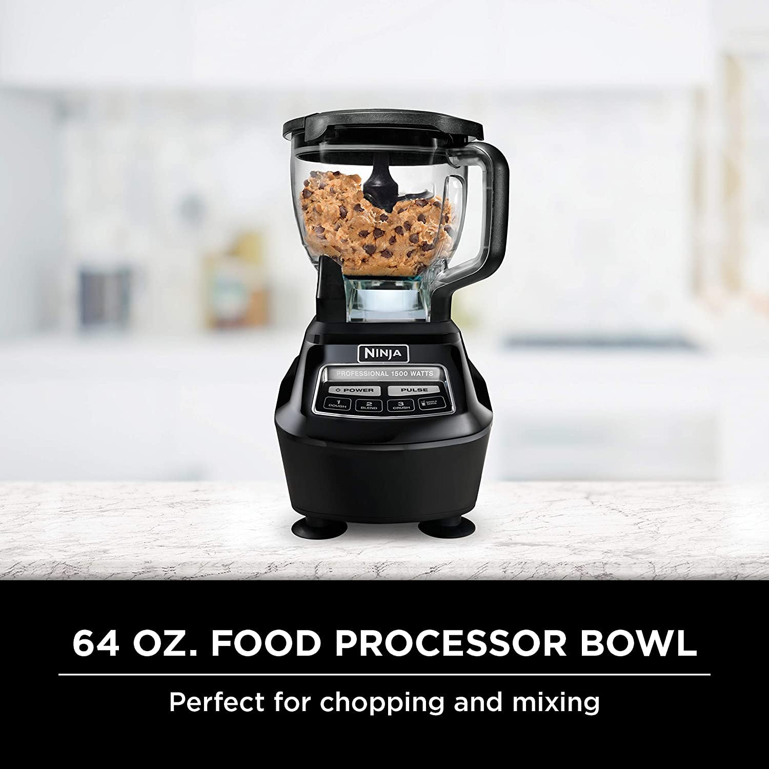 Ninja BL770 Mega Kitchen System, 1500W, 4 Functions for Smoothies, Processing, Dough, Drinks & More, with 72 Blender Pitcher, 64 Processor Bowl, (2) 16-Oz. To-Go, Black, with 2 Nutri Cups + Lids