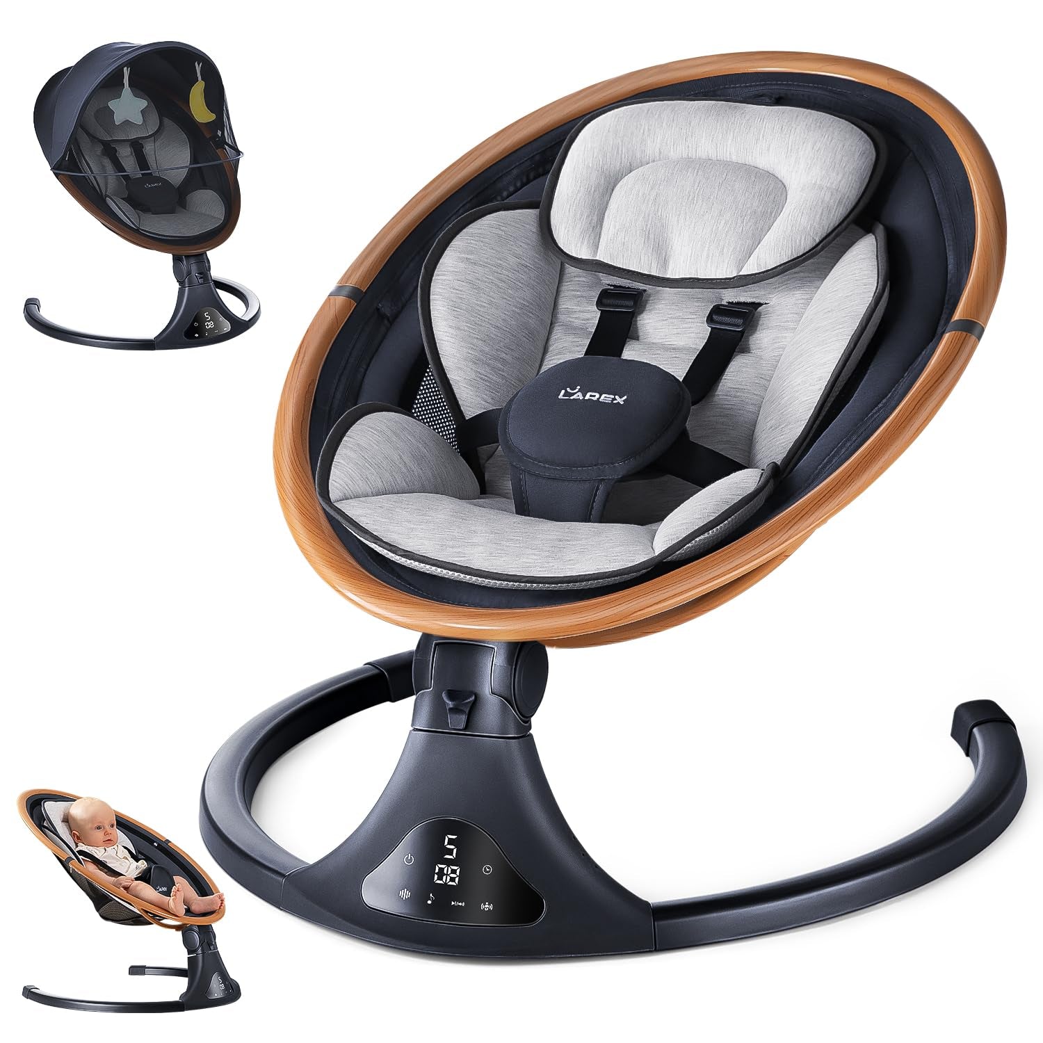Columpio eléctrico para bebés con Bluetooth y control remoto: balancín infantil de 5 velocidades con arnés de 5 puntos