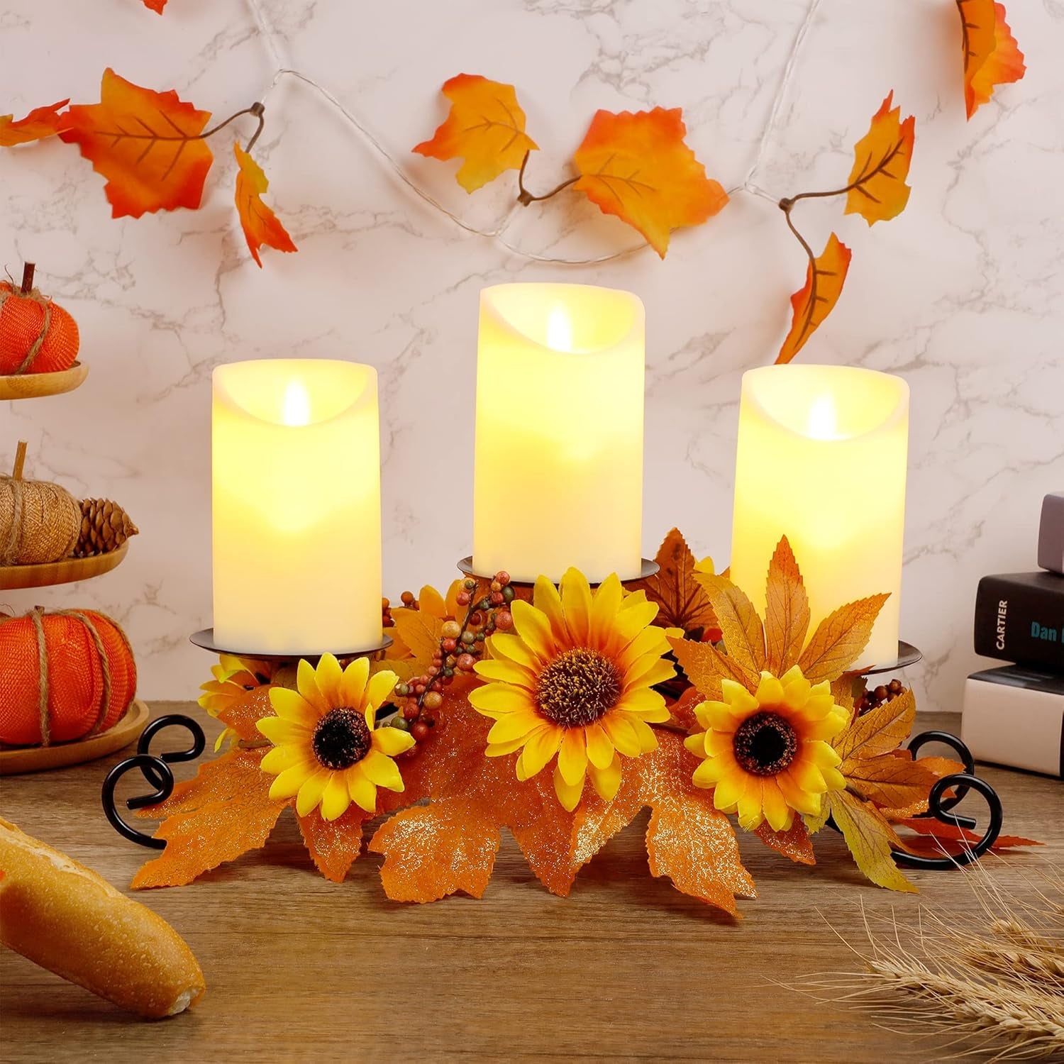 FORUP Harvest Centerpiece, Thanksgiving Candle Holders, Thanksgiving Tabletop Sunflower Centerpiece with 3 Candle Holders, Metal Maple Leaf Candleholder for Home Party Thanksgiving Mantel Decorations