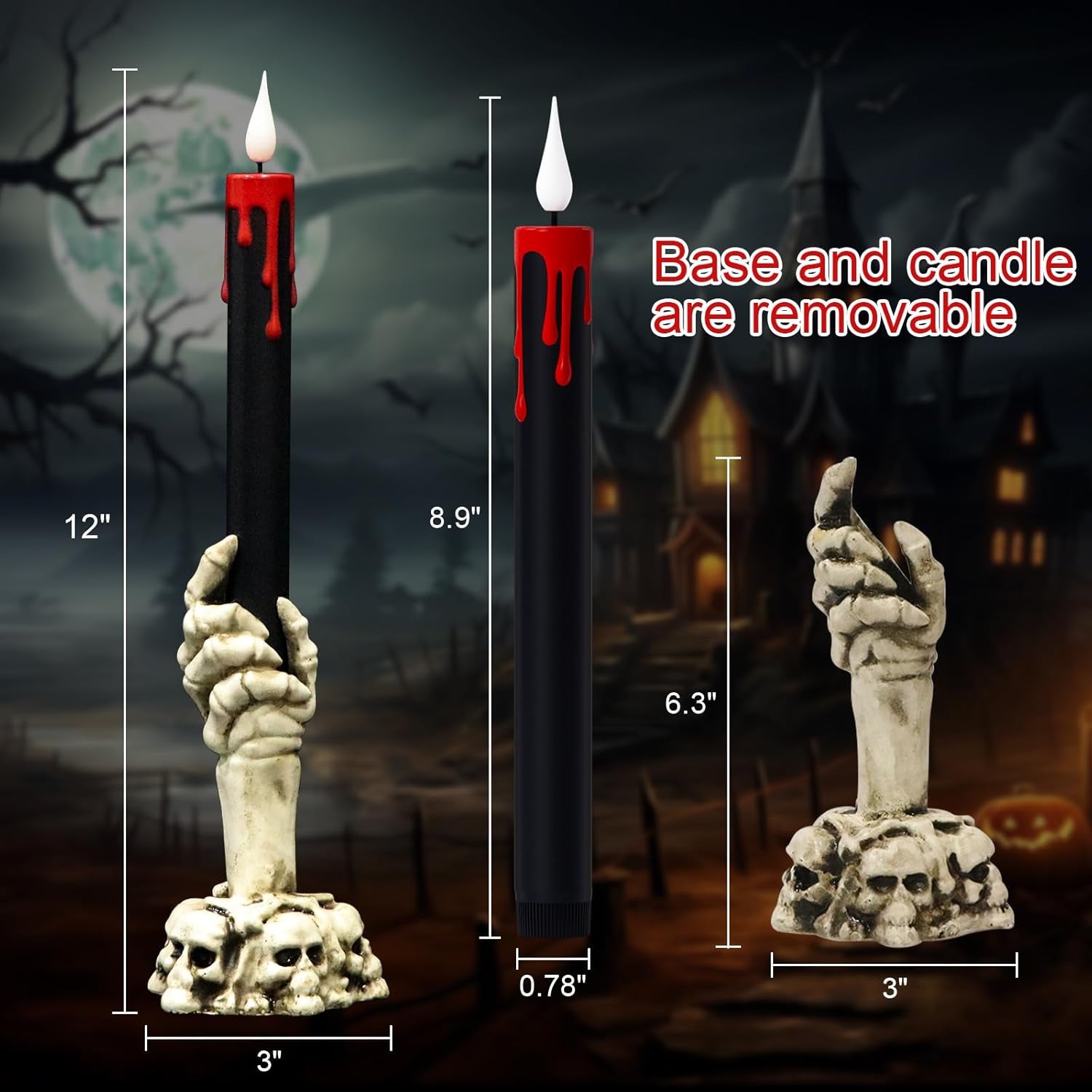 Genswin Halloween Black Taper Flameless Candles with Ghost Hand Candlesticks and Remote Timer, 2 Pcs Battery Operated Taper Candles with Holder and 3D Flame for Halloween Decor