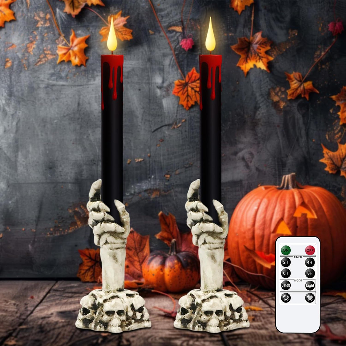 Genswin Halloween Black Taper Flameless Candles with Ghost Hand Candlesticks and Remote Timer, 2 Pcs Battery Operated Taper Candles with Holder and 3D Flame for Halloween Decor