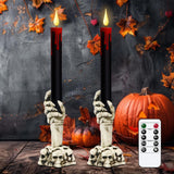 Genswin Halloween Black Taper Flameless Candles with Ghost Hand Candlesticks and Remote Timer, 2 Pcs Battery Operated Taper Candles with Holder and 3D Flame for Halloween Decor