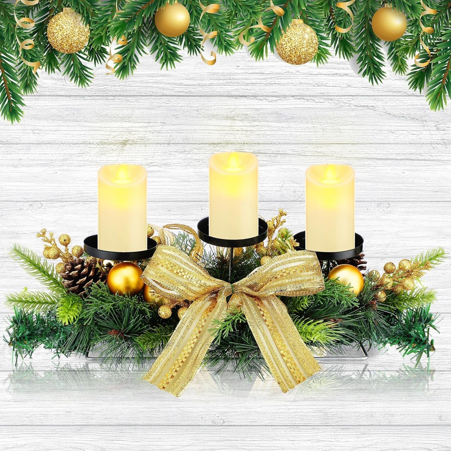 Centro de mesa con candelabro triple navideño y velas LED: elegante decoración navideña