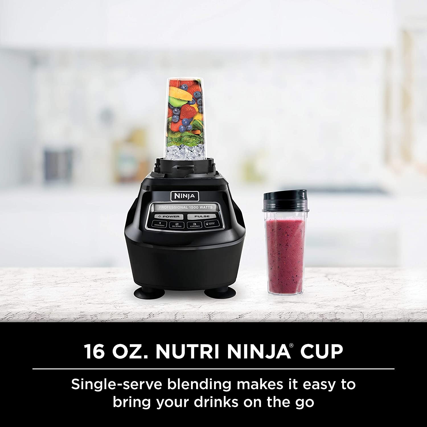 Ninja BL770 Mega Kitchen System, 1500W, 4 Functions for Smoothies, Processing, Dough, Drinks & More, with 72 Blender Pitcher, 64 Processor Bowl, (2) 16-Oz. To-Go, Black, with 2 Nutri Cups + Lids
