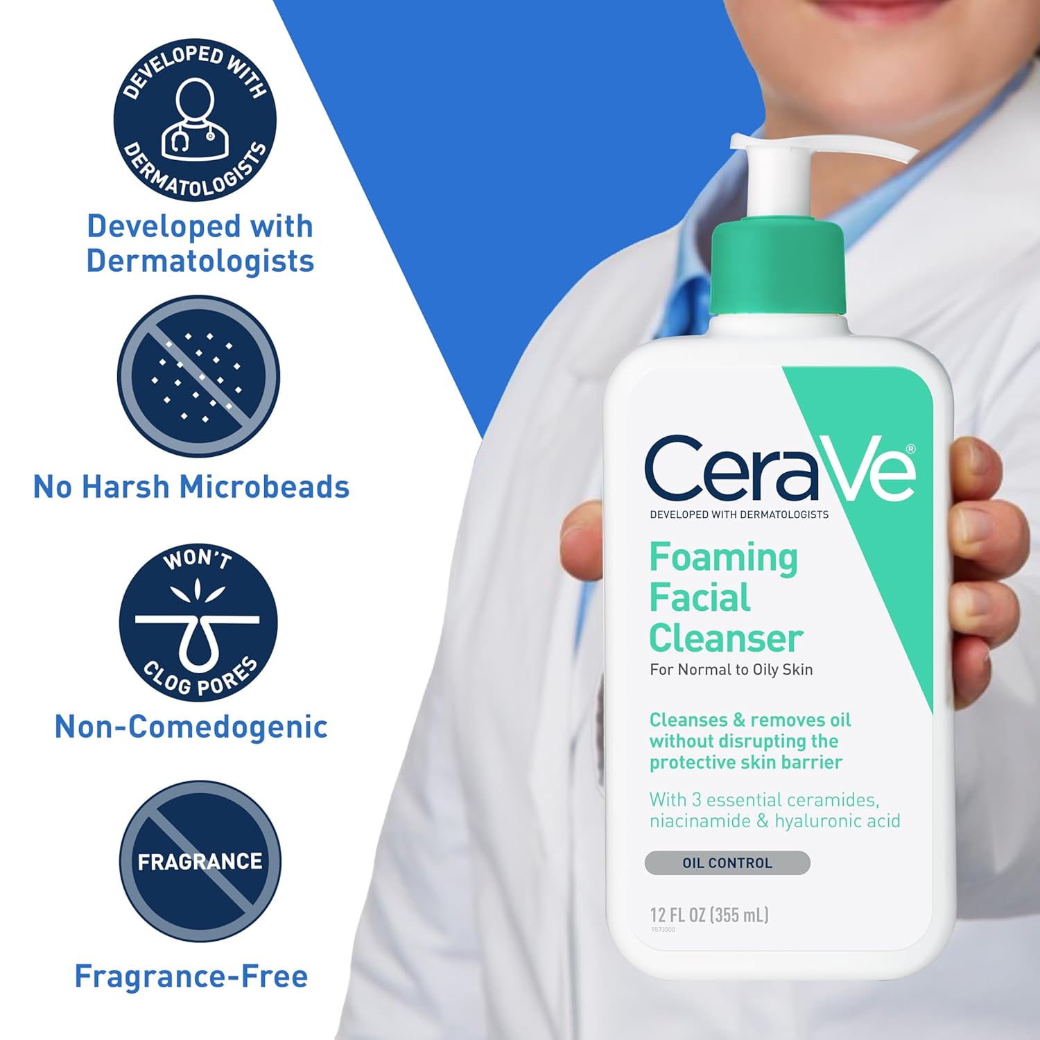 Cerave Foaming Facial Cleanser | Daily Face Wash for Oily Skin with Hyaluronic Acid, Ceramides, and Niacinamide| Fragrance Free | 16 Fluid Ounce
