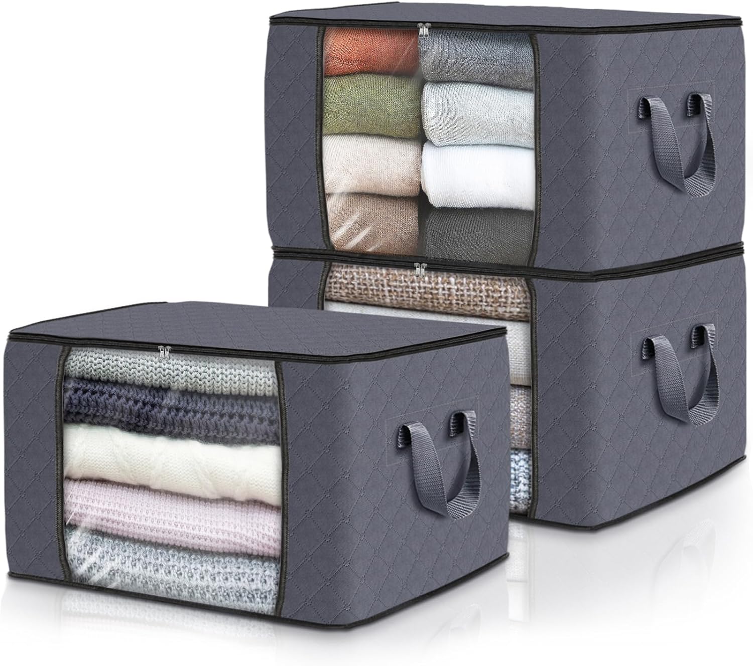 Fab Totes 6-Pack Foldable Fabric Storage Bags for Clothes and Blankets, Grey and Black