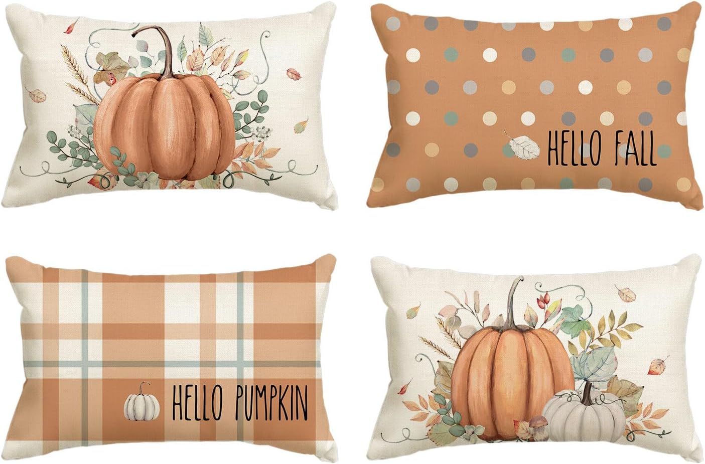 AVOIN Colorlife Hello Fall Hello Pumpkin Throw Pillow Covers, 18 X 18 Inch Autumn Thanksgiving Harvest Orange Eucalyptus Decorations for Sofa Couch Set of 4