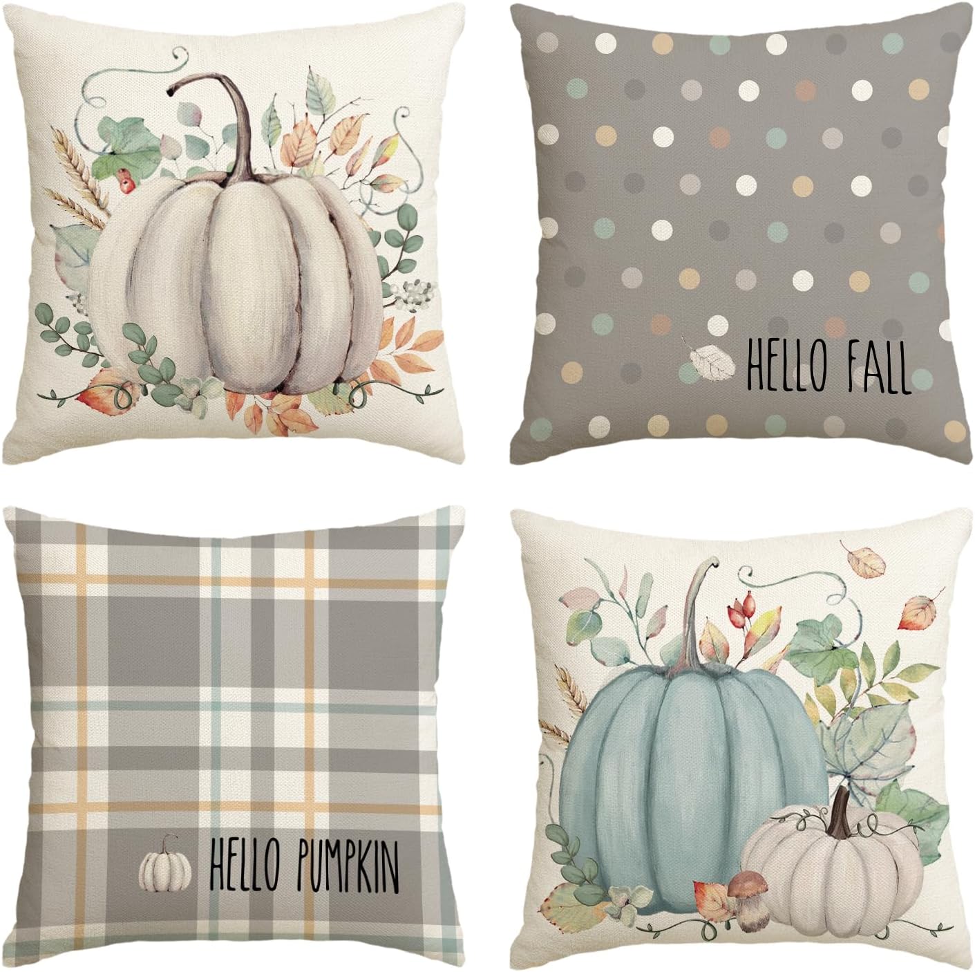 AVOIN Colorlife Hello Fall Hello Pumpkin Throw Pillow Covers, 18 X 18 Inch Autumn Thanksgiving Harvest Orange Eucalyptus Decorations for Sofa Couch Set of 4