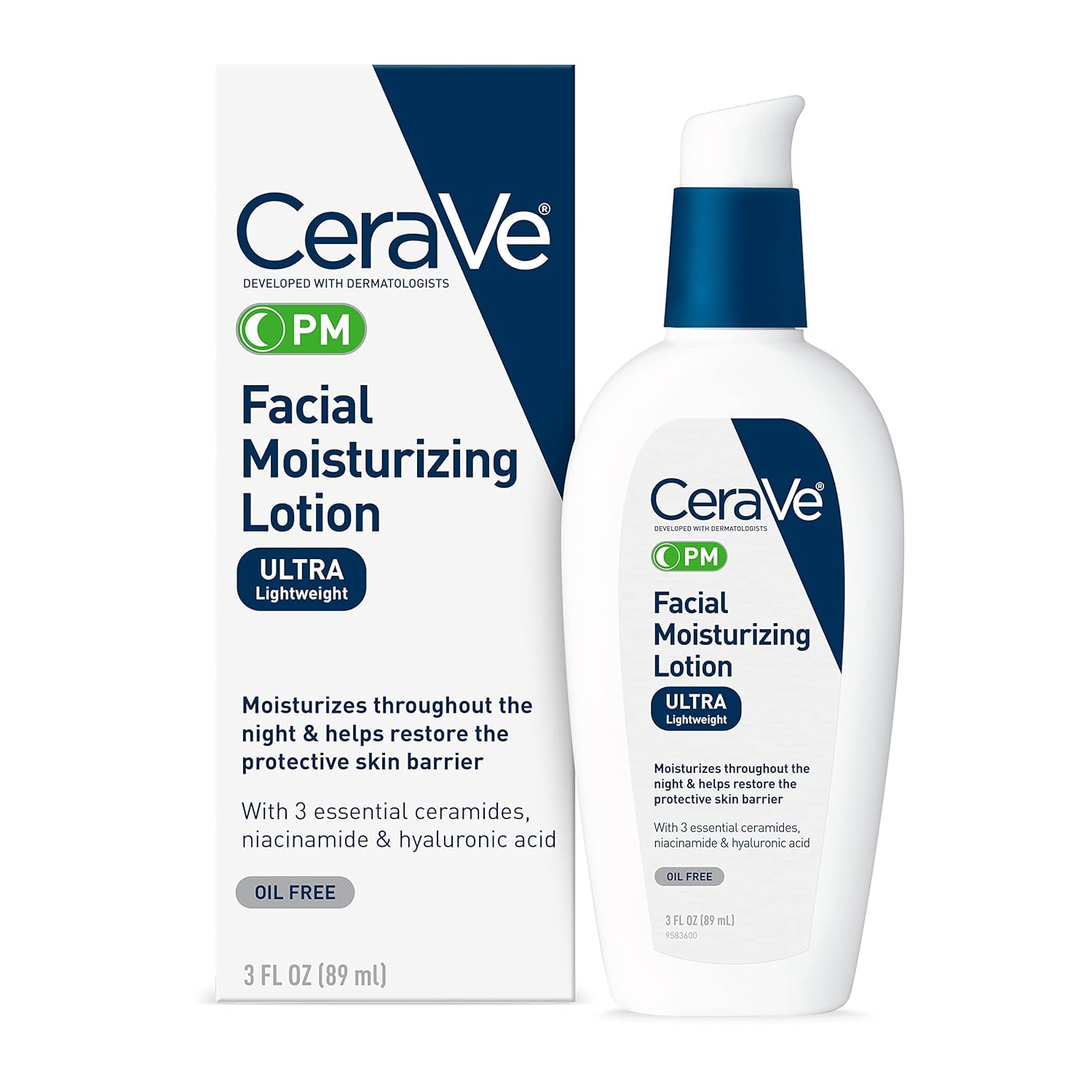 Loción hidratante facial CeraVe PM: crema de noche con ácido hialurónico y niacinamida, sin aceite