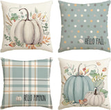 AVOIN Colorlife Hello Fall Hello Pumpkin Throw Pillow Covers, 18 X 18 Inch Autumn Thanksgiving Harvest Orange Eucalyptus Decorations for Sofa Couch Set of 4