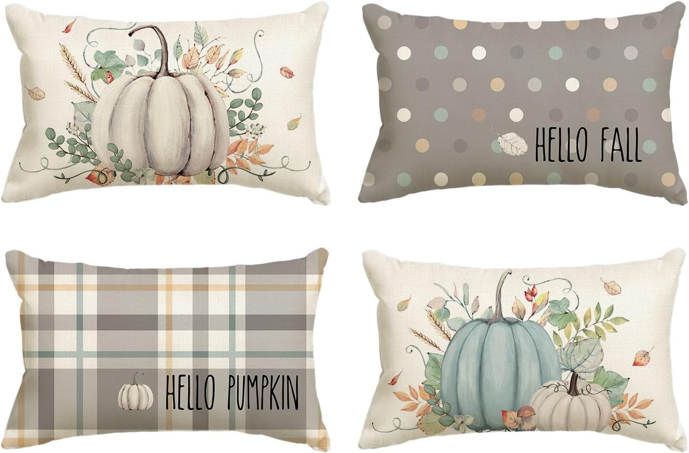 AVOIN Colorlife Hello Fall Hello Pumpkin Throw Pillow Covers, 18 X 18 Inch Autumn Thanksgiving Harvest Orange Eucalyptus Decorations for Sofa Couch Set of 4