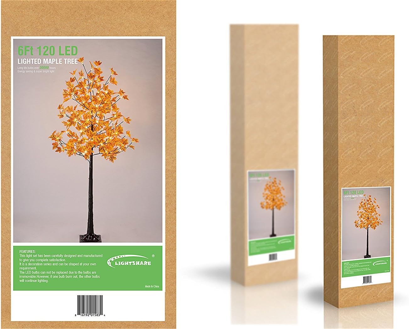 LIGHTSHARE 6FT 120LED Artificial Lighted Maple Tree Warm White Fall Decorations Indoor Ourdoor, Orange