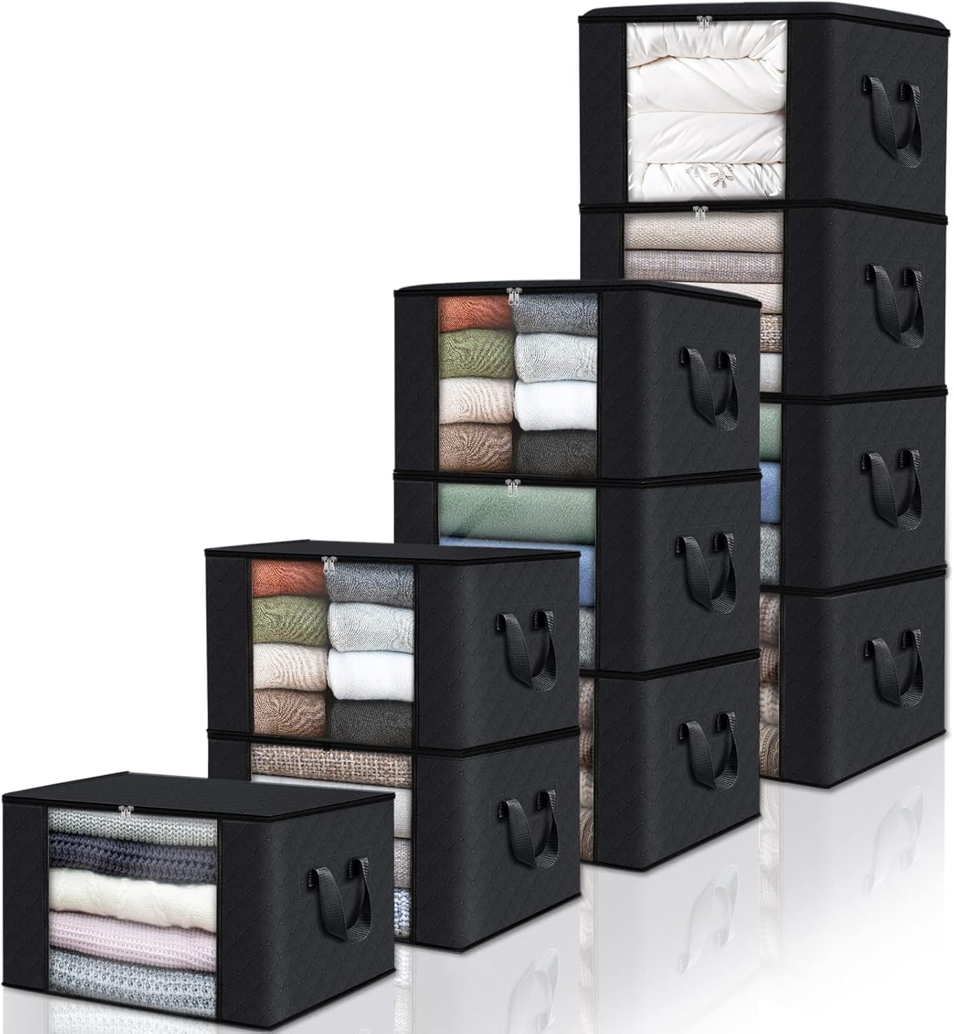 Fab Totes 6-Pack Foldable Fabric Storage Bags for Clothes and Blankets, Grey and Black