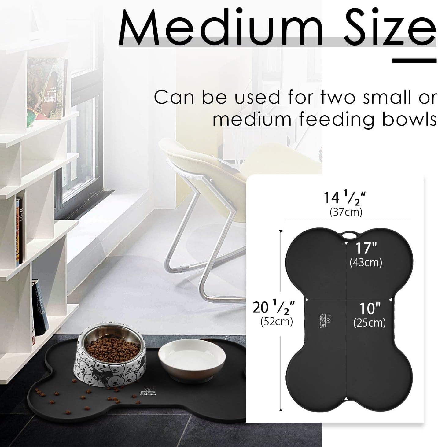 Super Design Dog Food Mat Dog Bowl Mat for Food and Water Silicone Non Spill Cat Feeding Mat Puppy Placemat Waterproof - 20.5" X 14.5", Black