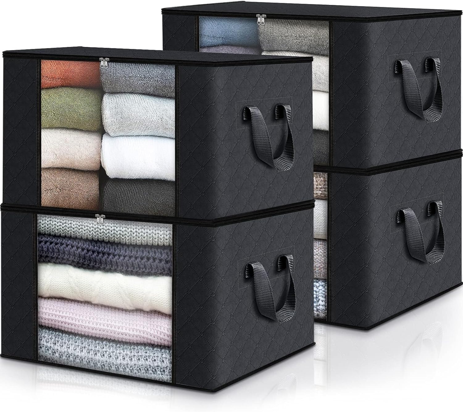 Fab Totes 6-Pack Foldable Fabric Storage Bags for Clothes and Blankets, Grey and Black