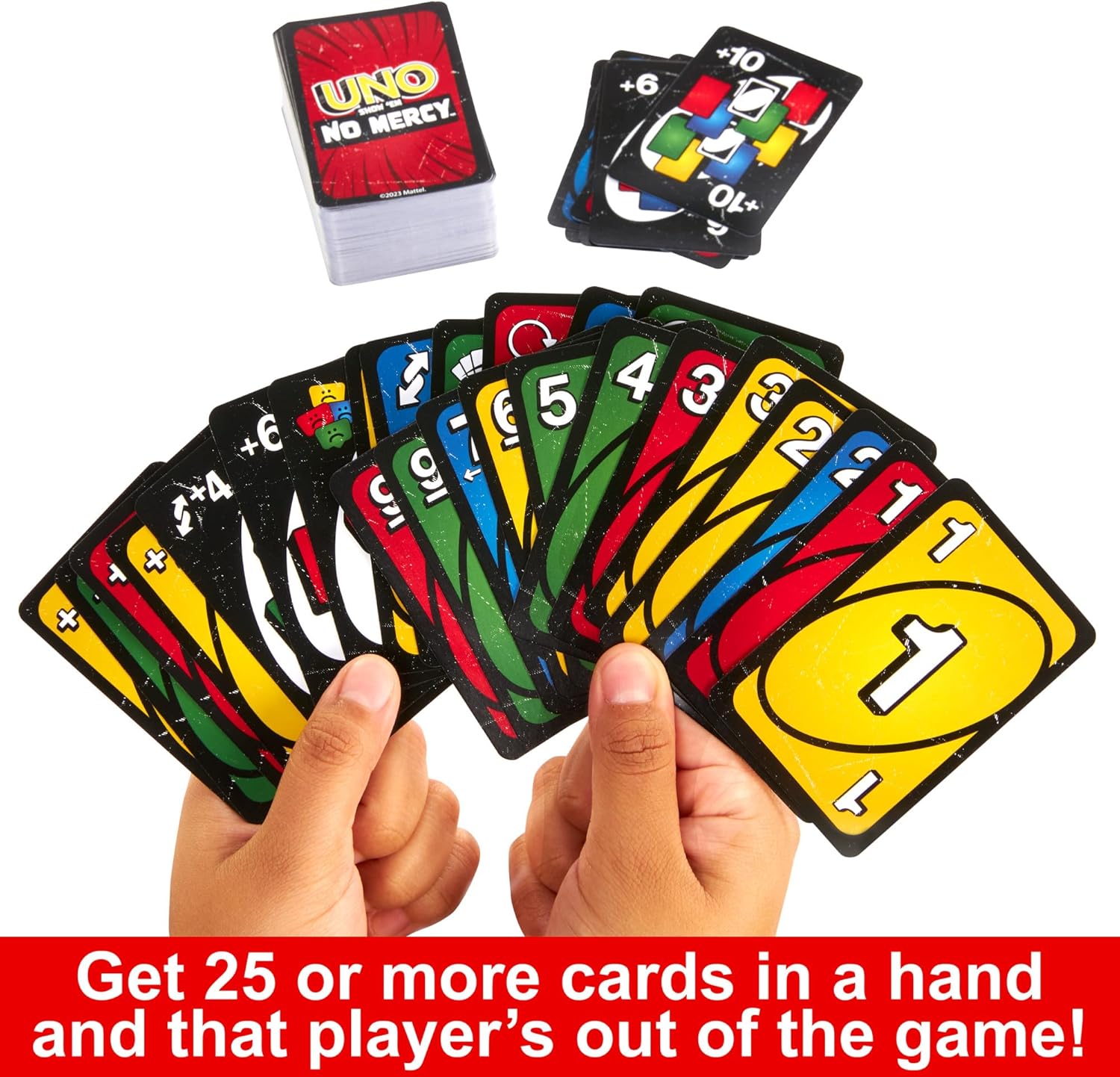 Mattel Games UNO Show ‘Em No Mercy Card Game in Storage & Travel Tin for Kids, Adults & Family Night with Extra Cards, Special Rules & Tougher Penalties (Amazon Exclusive)