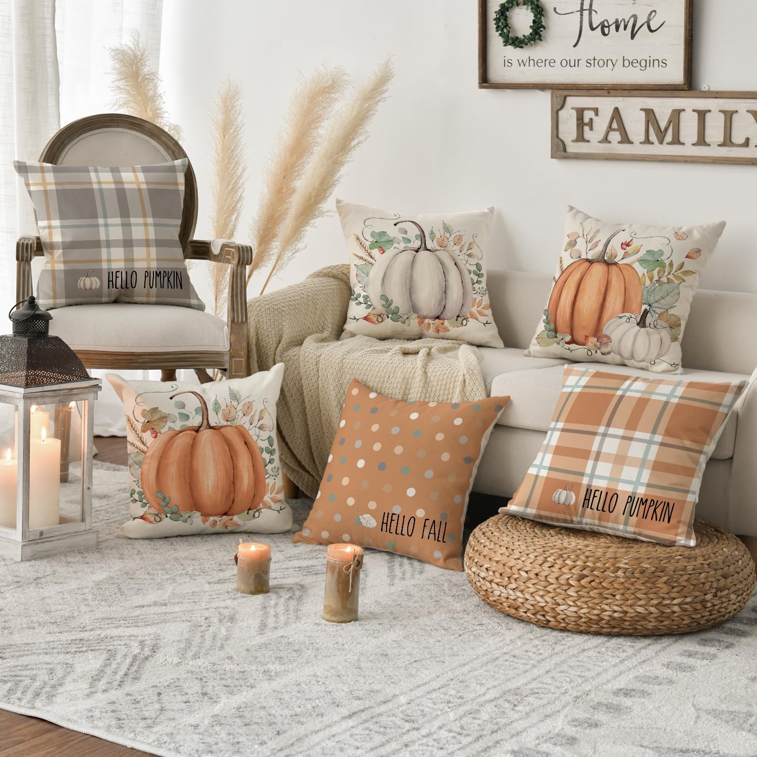 AVOIN Colorlife Hello Fall Hello Pumpkin Throw Pillow Covers, 18 X 18 Inch Autumn Thanksgiving Harvest Orange Eucalyptus Decorations for Sofa Couch Set of 4