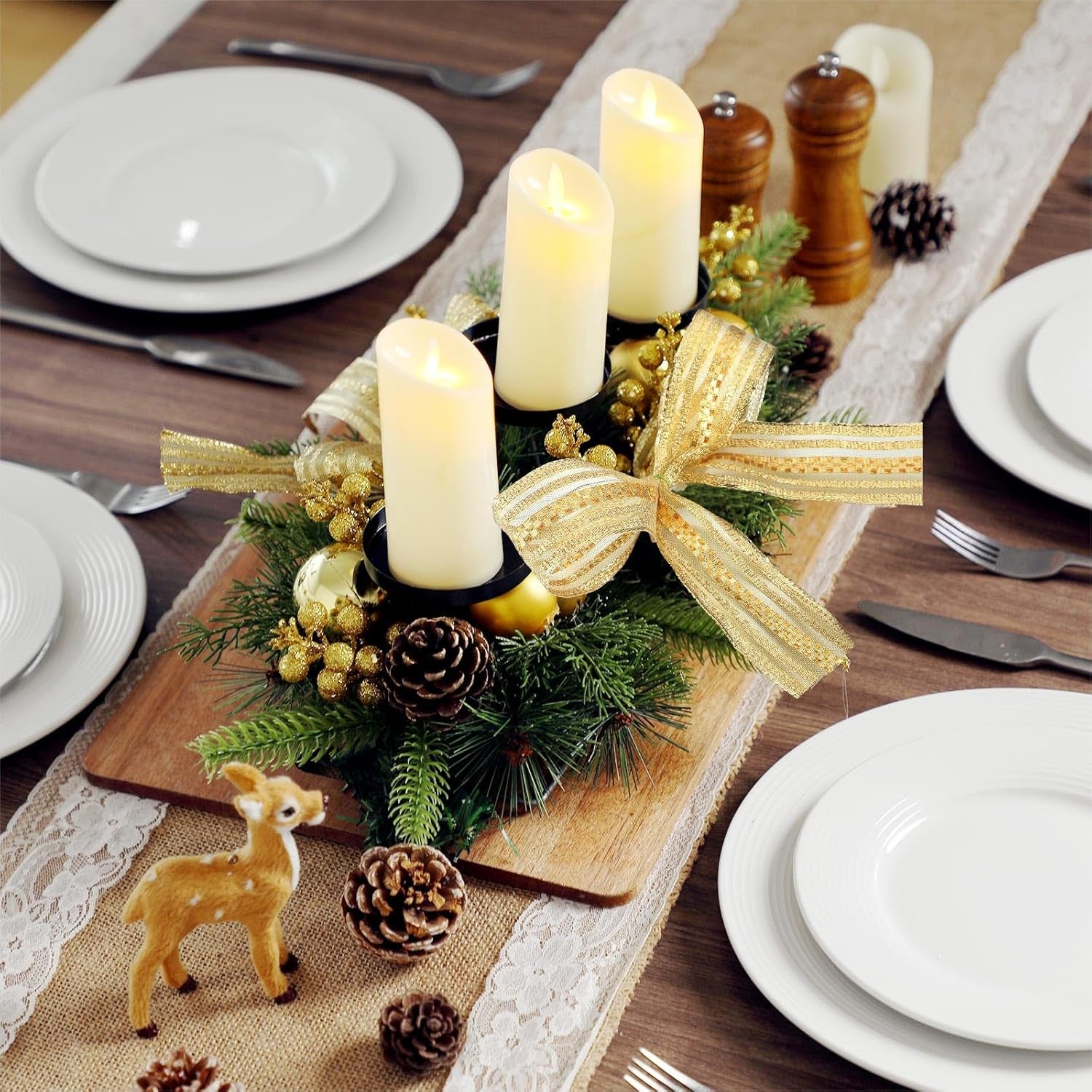 Meekoo Christmas Triple Candelabrum Centerpiece with 3 LED Candle Christmas Centerpiece Candle Holder Xmas Tabletop Decor with Bow Pine Cones Berries for Tables Mantel Decorations