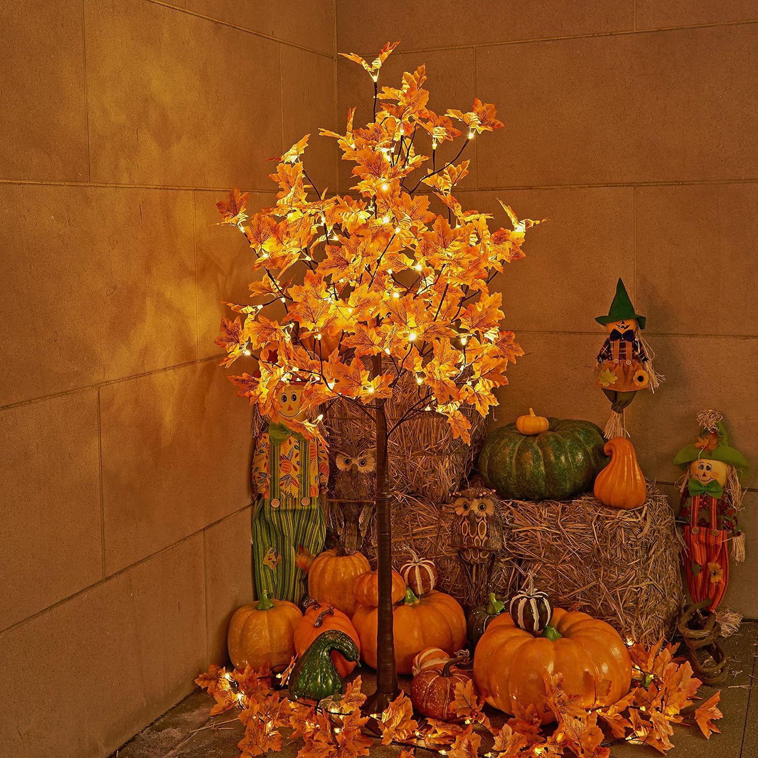 LIGHTSHARE 6FT 120LED Artificial Lighted Maple Tree Warm White Fall Decorations Indoor Ourdoor, Orange