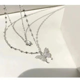 Silver Double-Layer Butterfly Pendant Necklace for Women – Elegant Layered Jewelry