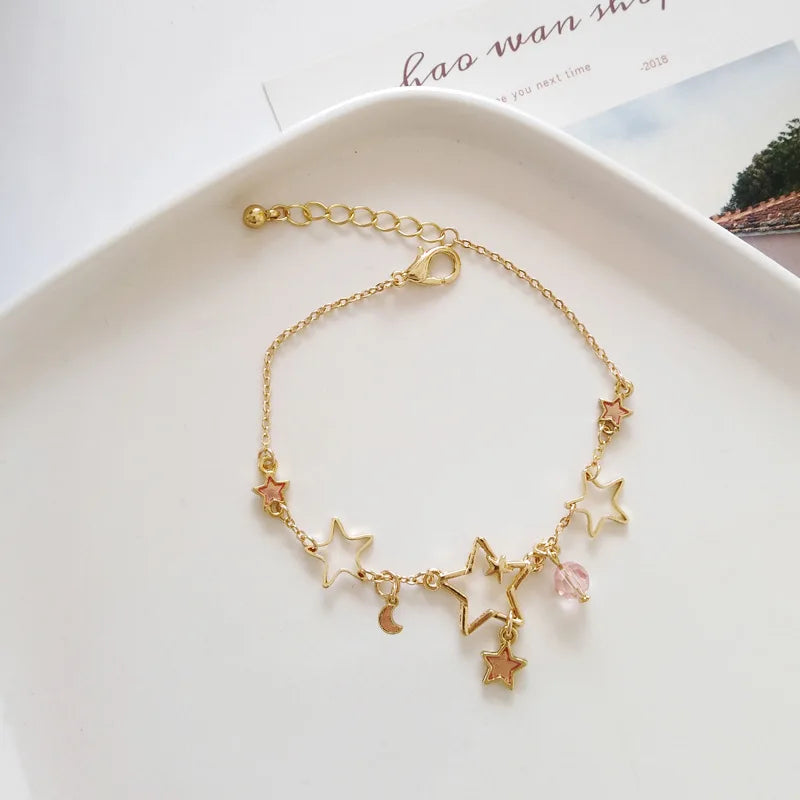 Elegant Star & Moon Zircon Charm Bracelet – Trendy Adjustable Jewelry for Women & Girls