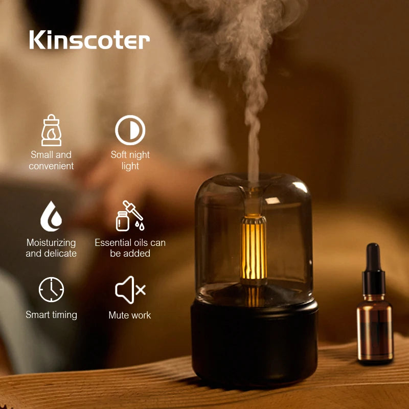 Difusor y humidificador de aroma ultrasónico con luz de vela de 120 ml: aceites esenciales, luz nocturna LED, alimentación por USB