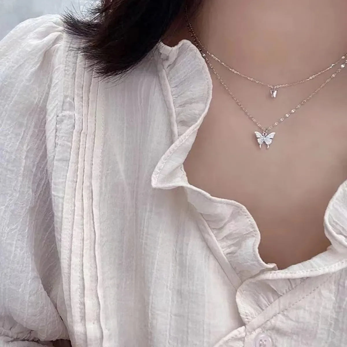 Silver Double-Layer Butterfly Pendant Necklace for Women – Elegant Layered Jewelry