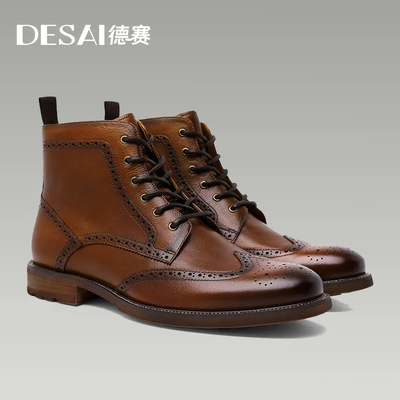 Men’s Genuine Leather Outdoor Boots – Waterproof Ankle-High Slip-On Boots for Spring & Autumn
