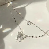 Silver Double-Layer Butterfly Pendant Necklace for Women – Elegant Layered Jewelry