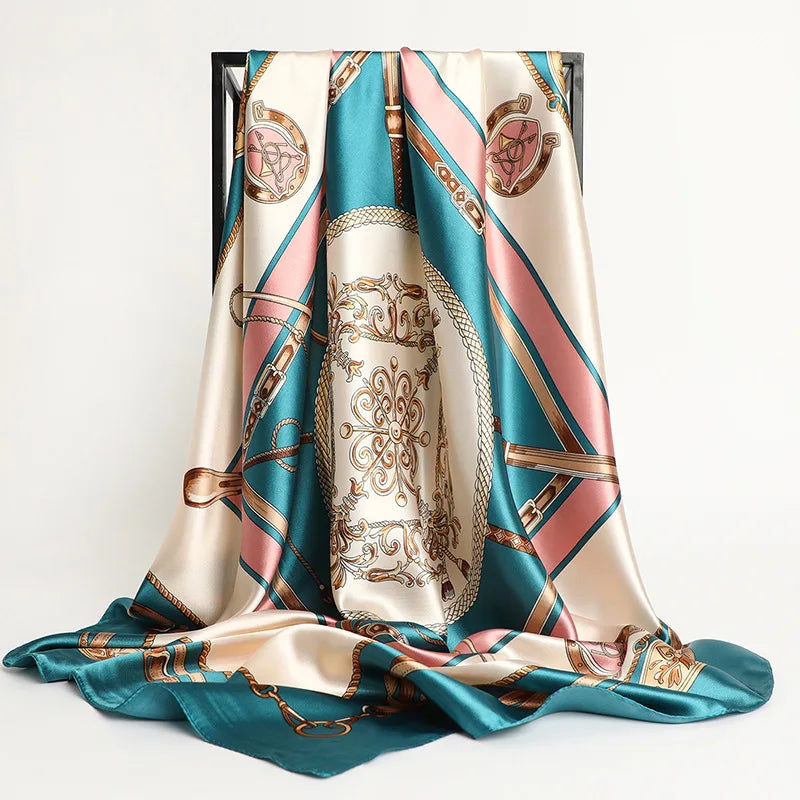 Luxury 90x90cm Silk Satin Square Scarf – Elegant Print Shawl & Headband