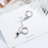 Silver Double Hoop Star Earrings with Zircon and Black Glaze Drop – Trendy Minimalist Style for Women