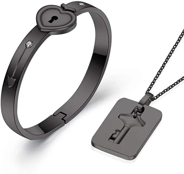 Stainless Steel Key Pendant Necklace & Bracelet Set for Men and Women – Trendy Wedding Jewelry Gift