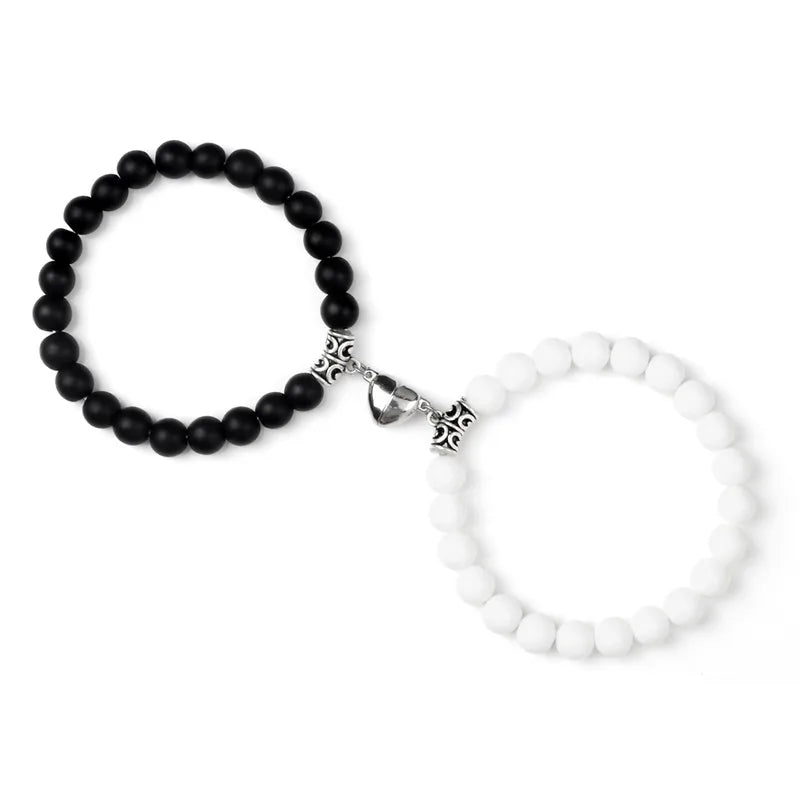 Magnetic Couple Bracelets Set - Natural Stone Heart Bead Lovers' Bracelets
