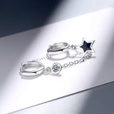 Silver Double Hoop Star Earrings with Zircon and Black Glaze Drop – Trendy Minimalist Style for Women