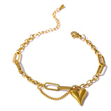 Pulsera con dije de corazón bañada en oro para mujer: cadena de eslabones de acero inoxidable moderna con cierre de langosta