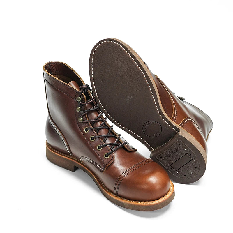 Men’s Mid-Calf Genuine Leather Motorcycle Boots – Heavy-Duty Lace-Up Riding Footwear